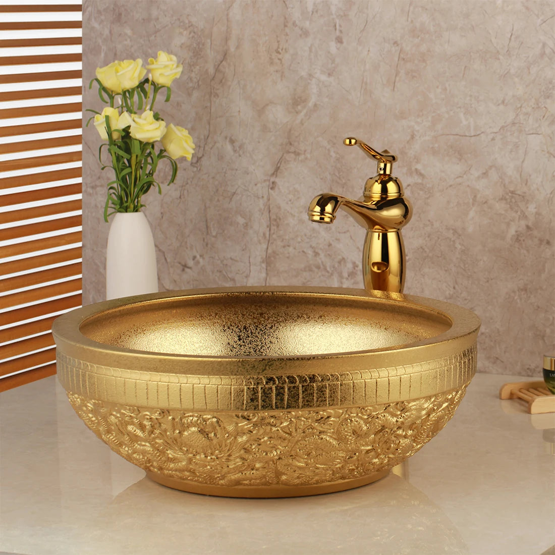 KEMAIDI Keramik-Waschtisch Gold mit Wasserhahn Porzellan-Waschbecken Aufsatzwaschbecken Luxus-Waschbecken für Badezimmer