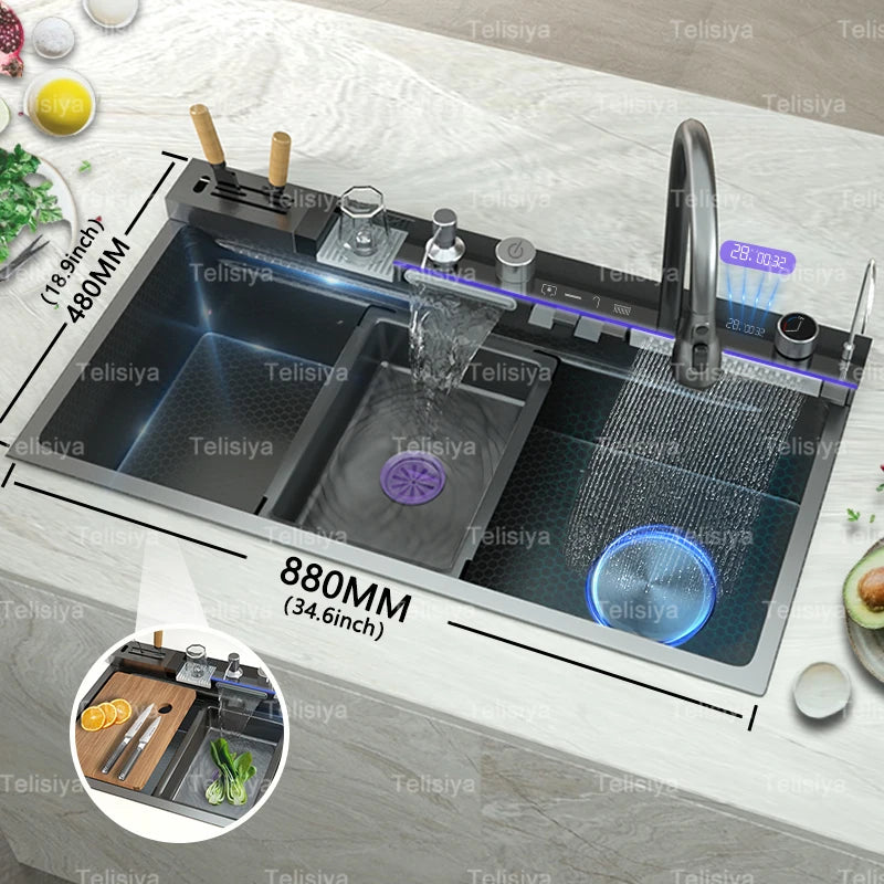 Stainless Steel Kitchen Sink Multifunctional Digital Display Waterfall Large Single Slot With Rack For Knife Wash Dish Basin