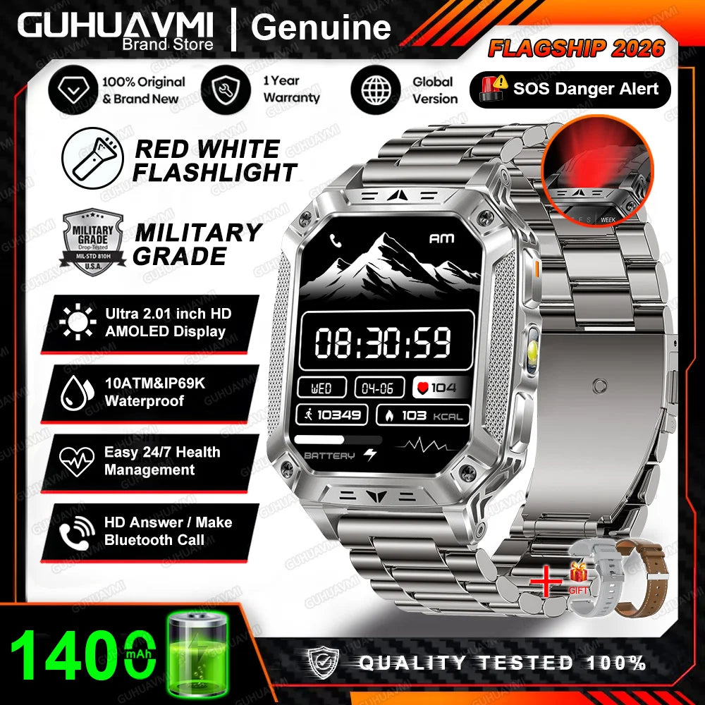 Montre connectée homme 2026 avec batterie ultra-large intégrée de 1400 mAh, GPS extérieur, écran AMOLED de 2,01", étanche 10 ATM, appel BT