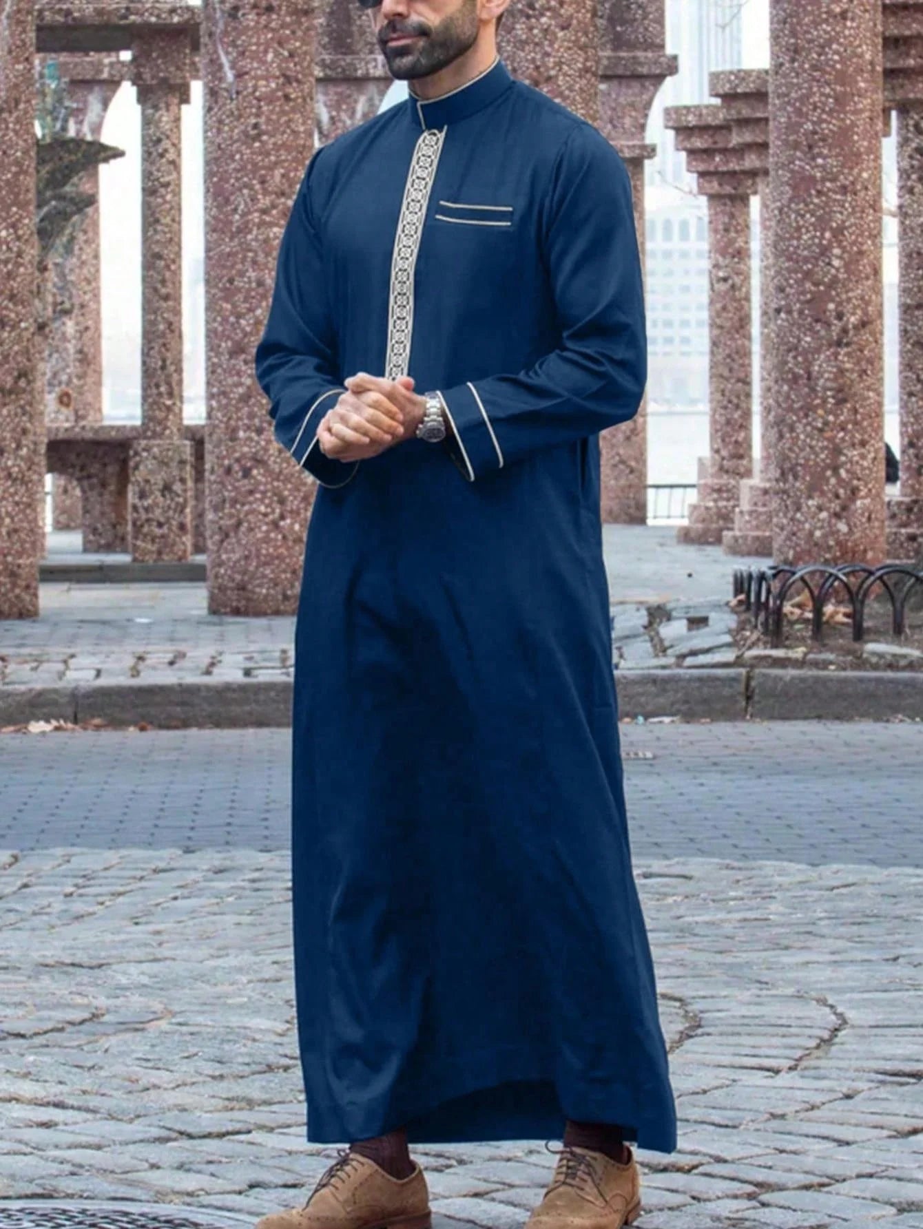 Thobe marocain pour hommes, manches longues, style ethnique brodé, col montant, fermeture éclair, abaya arabe tendance pour hommes musulmans