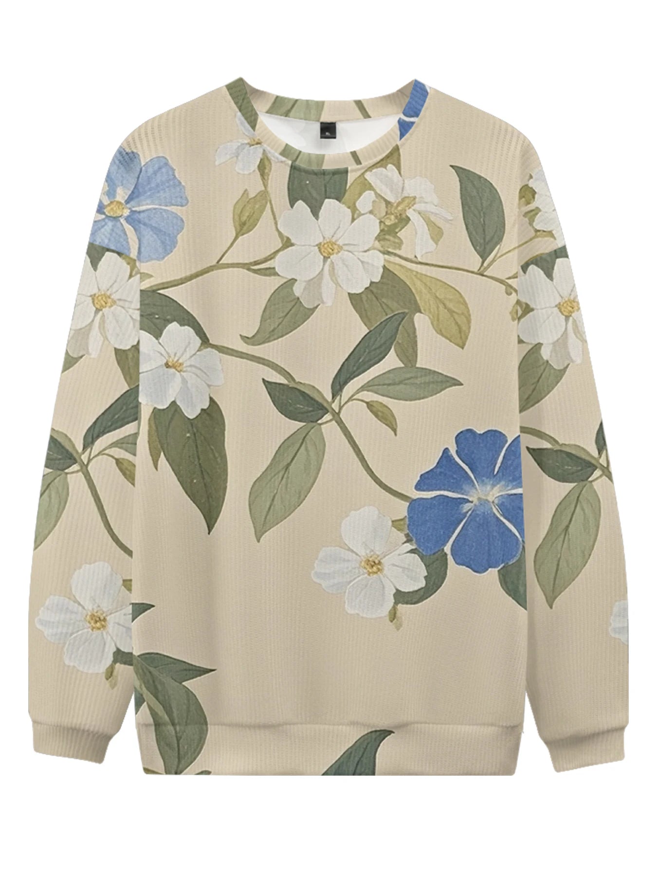 Lebhaftes weißes Rundhals-Sweatshirt mit Blumendruck, vollflächigem botanischen Design mit bunten Blüten und Blättern, lässige Frühlingsmode für Paare