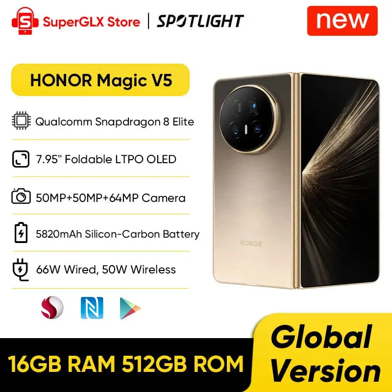 HONOR Magic V5 Version globale 5G Smartphone pliable Snapdragon 8 Elite Écran LTPO OLED 7,95 pouces Batterie 5820 mAh SuperCharge 66 W