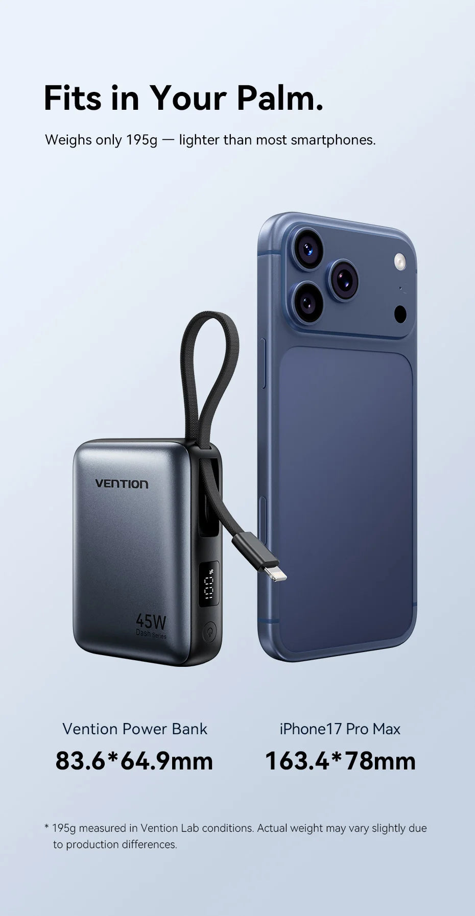 Vention 45W 10000mAh Powerbank mit integriertem USB-C- und Lightning-Kabel, tragbare Powerbank für iPhone 17 16 Samsung S26 S25 Xiaomi Poco