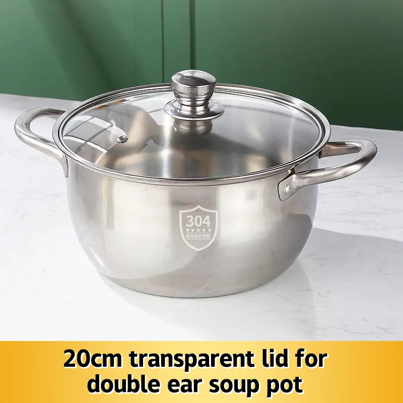 【R】Stainless Casserole Cookware Double Handle Soup Pot With Glass Cover For Induction Cooker Cooking