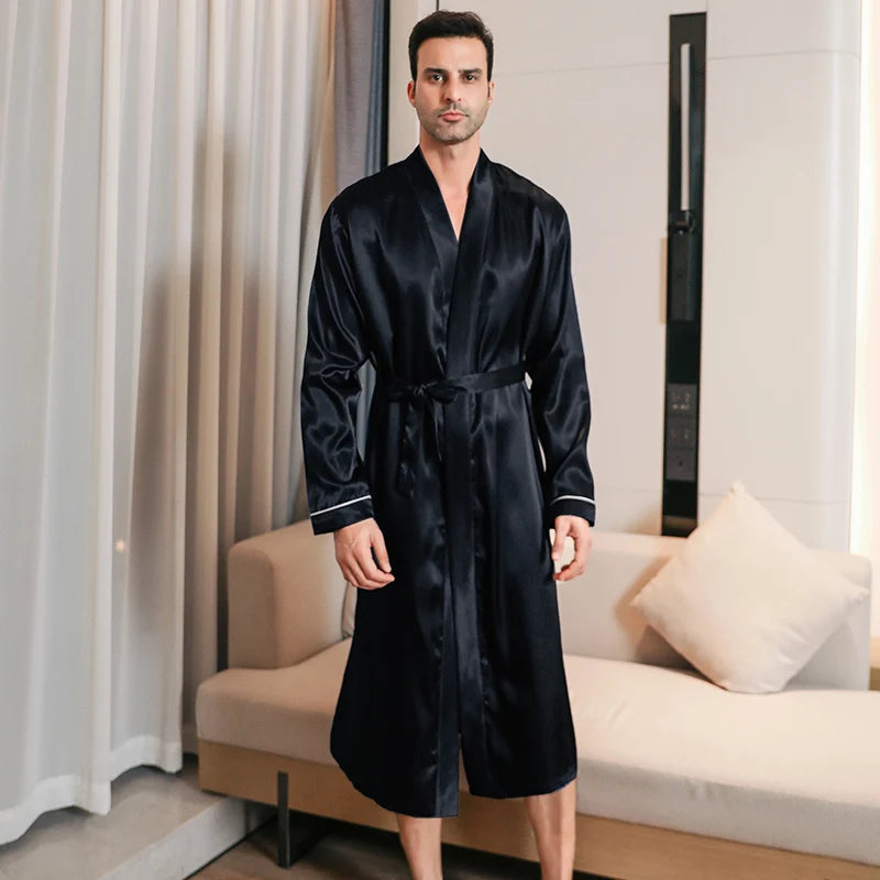 Pyjama homme printemps et automne, style soie fine, grande taille, pyjama à manches longues, peignoir en soie glacée, vêtements d'intérieur été