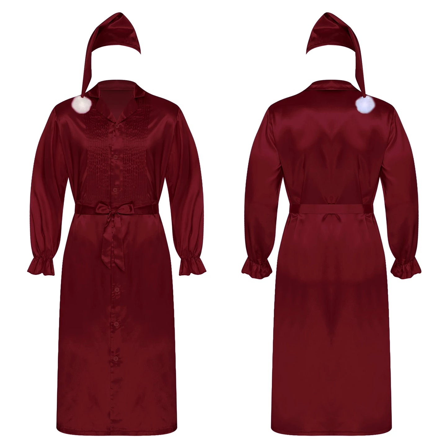 Herren Sissy Pyjama Satin-Nachtwäsche Nachthemd mit Schlafhaube Langarm Rüschenmanschetten Plissierter Brustumhang mit Gürtel Vintage