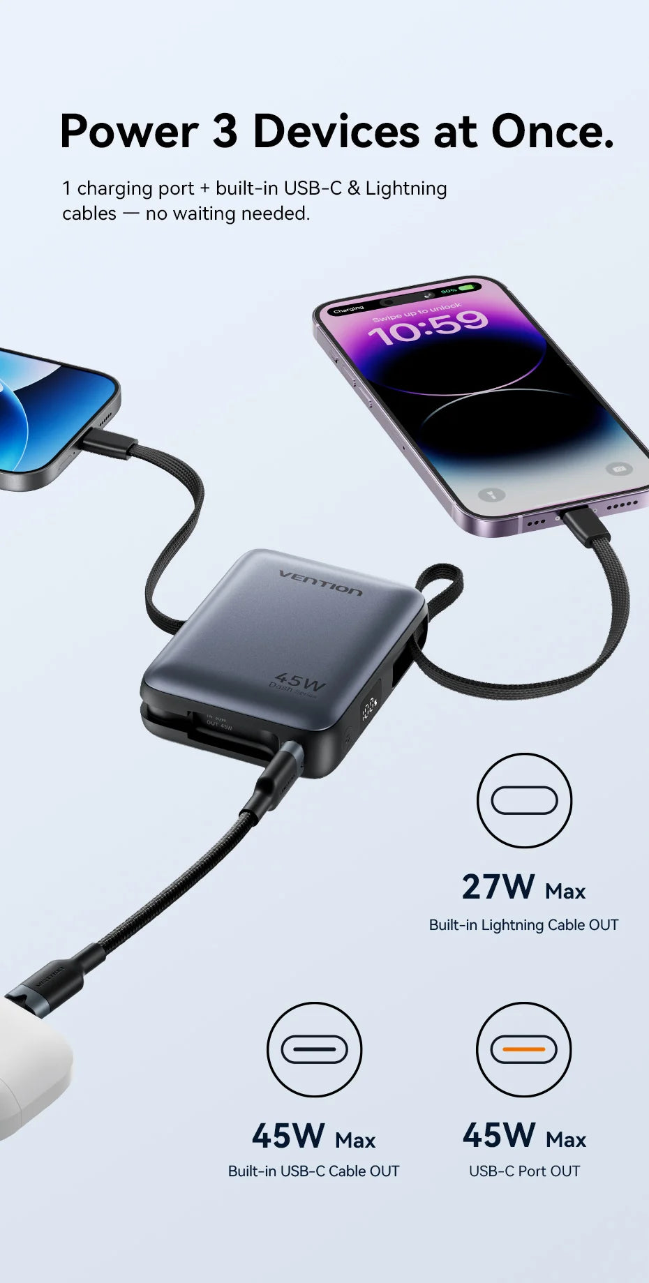 Vention 45W 10000mAh Powerbank mit integriertem USB-C- und Lightning-Kabel, tragbare Powerbank für iPhone 17 16 Samsung S26 S25 Xiaomi Poco