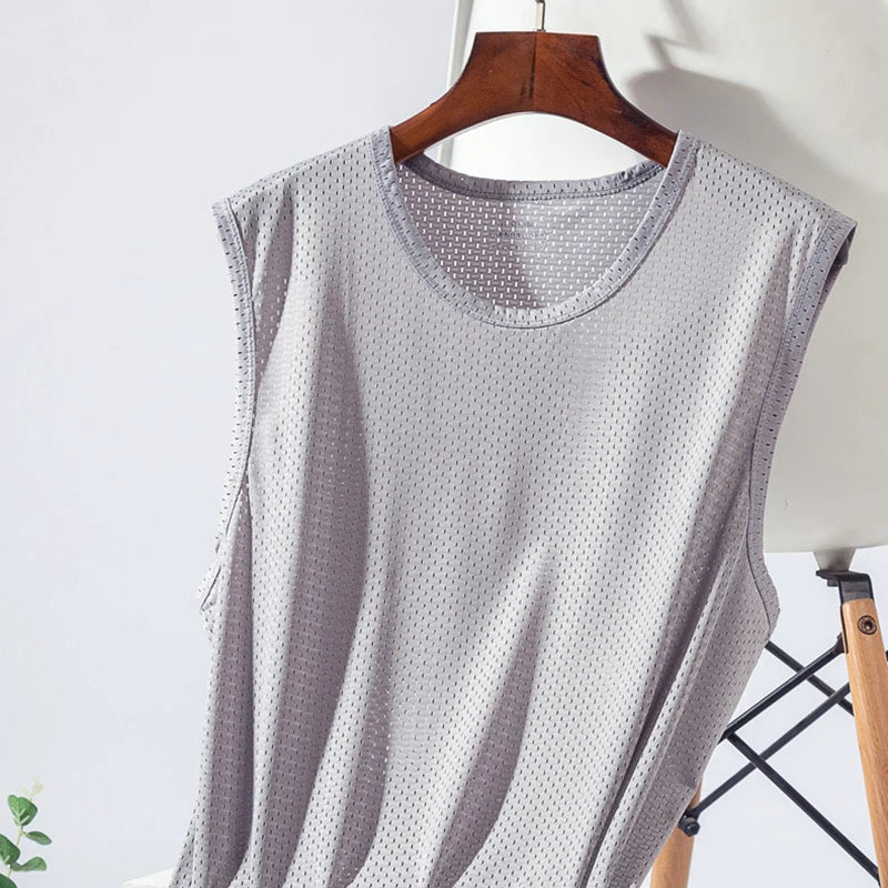 Débardeurs en maille de soie glacée pour hommes, séchage rapide, respirant, gilet, musculation, t-shirt sans manches, t-shirts de sport, débardeurs musculation