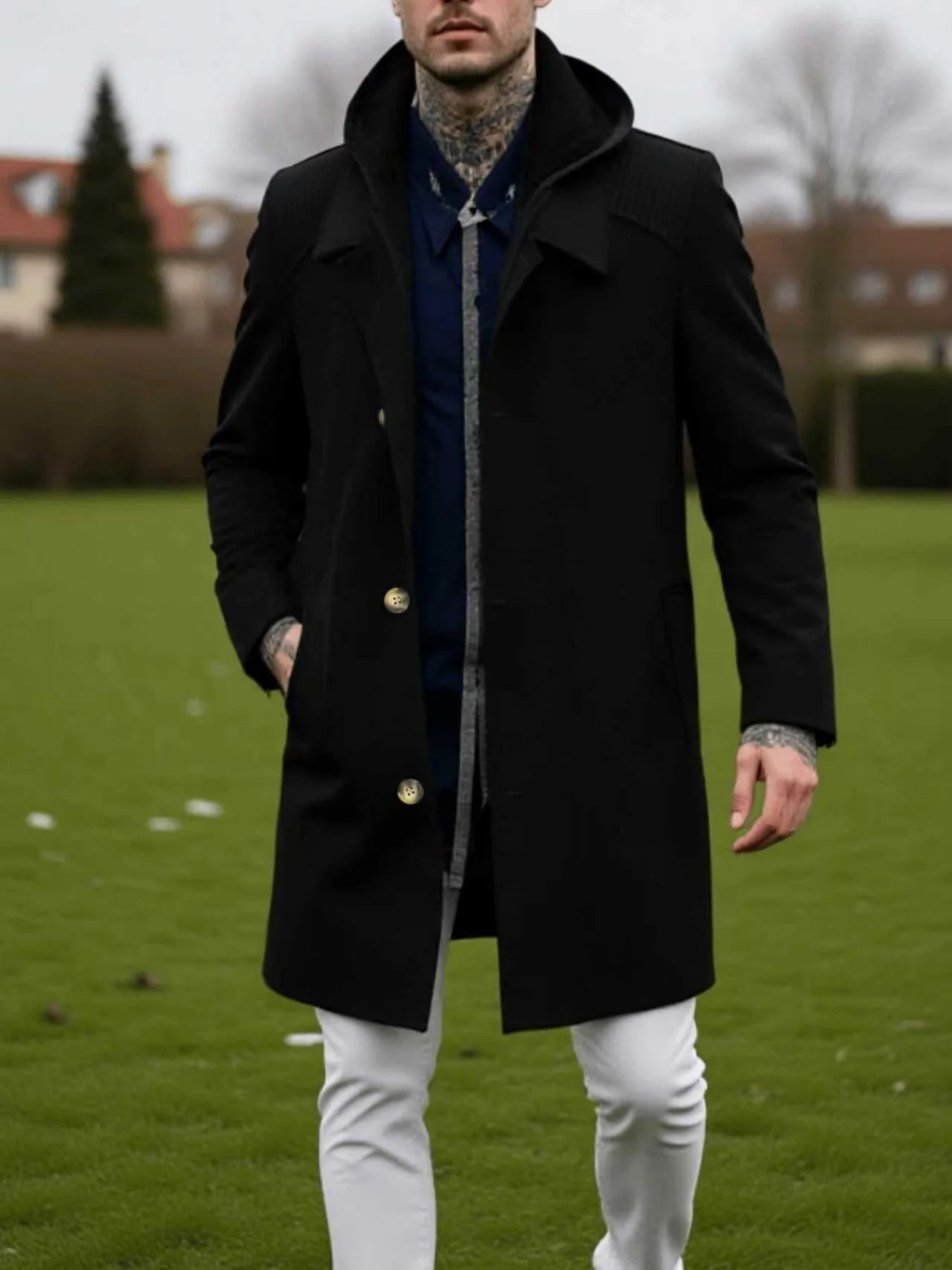 Manteau en laine convertible pour homme, style trench simple boutonnage, avec capuche zippée et infroissable, pour la vie citadine - Vêtements d'hiver pour homme