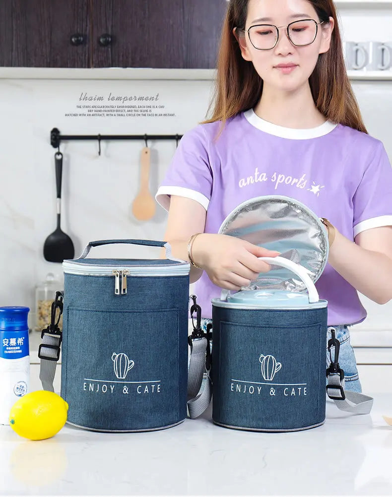 Große runde Thermische Lunchtasche Verdickte Aluminiumfolie Isolierte Bento-Tasche mit Reisbehälter Wärmetasche Mahlzeitenbeutel Oxford T...