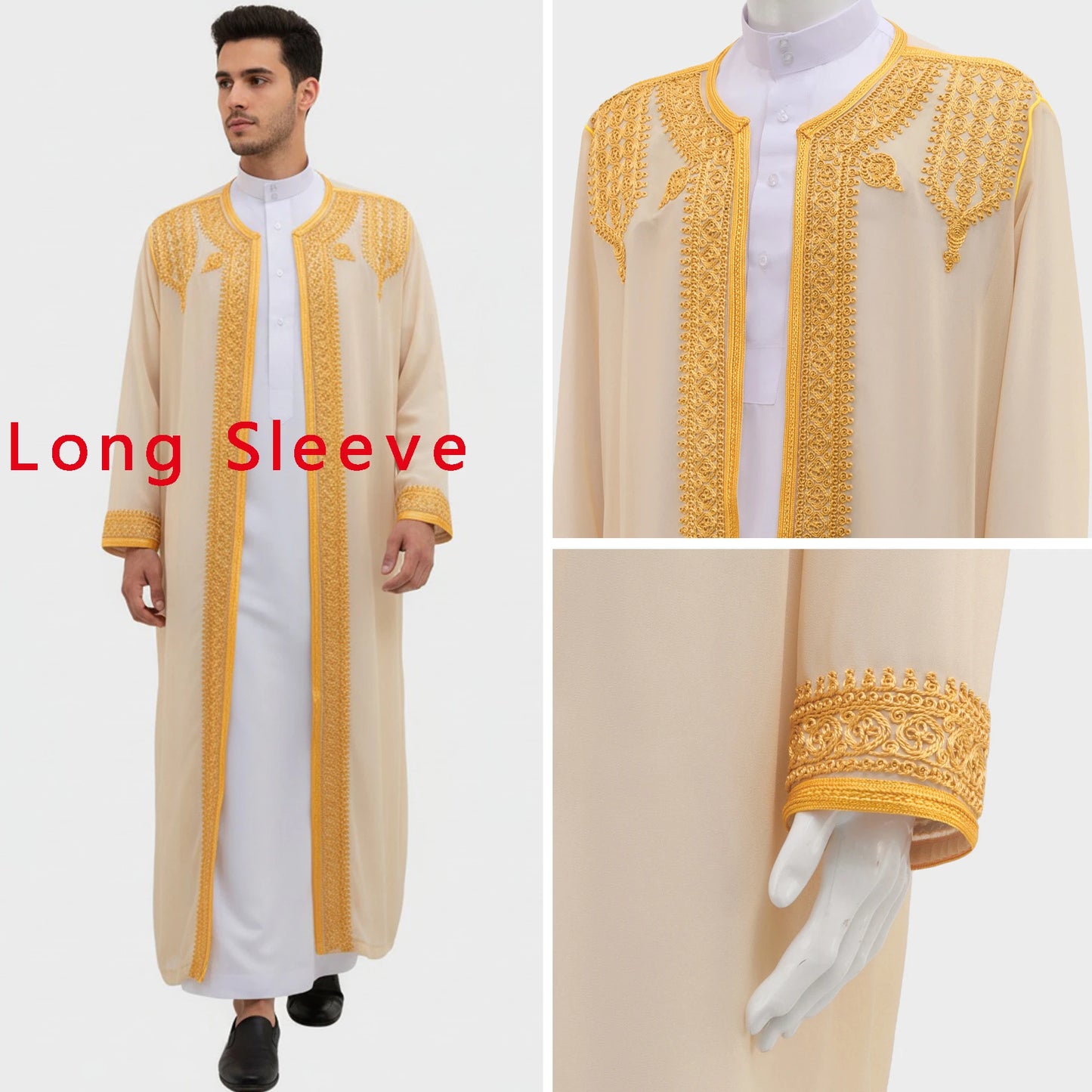 Traditional Arab Men's Robe Thobe Embroidered Dress Middle Eastern Ethnic Jubba Thobes Eid Djellaba Kimono Abaya Thoub Dishdasha