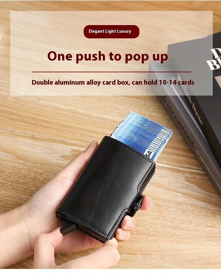 RFIDShieldPULather Automatic Pop-up Card Clamp,Double Aluminum Alloy Credit Card Wallet,With More than One Card Slots