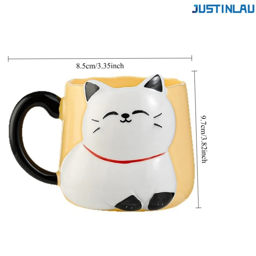 JUSTINLAU Tasse en céramique mignonne avec couvercle et cuillère, motif chat de dessin animé en relief, style japonais, tasse à café émaillée, tasse à thé en céramique