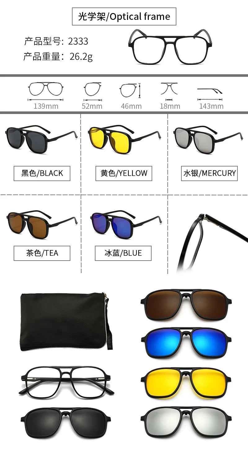 6 In 1 Polarized Sunglasses Men Women Magnetic Clip On Glasses TR90 Optical Prescription Eyeglass Frames Magnet Clips