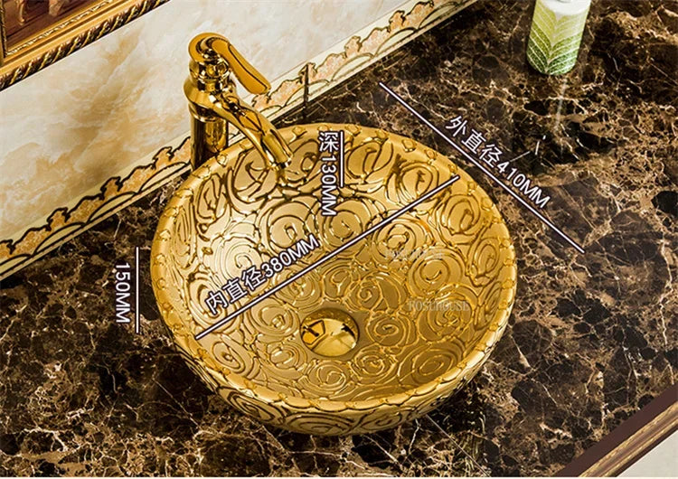 A17 Éviers de Salle de Bain de Luxe Dorés Céramique Maison Lavabo Créatif Toilettes Rondes Au-dessus du Comptoir Simple Salle de Bain Accesoire