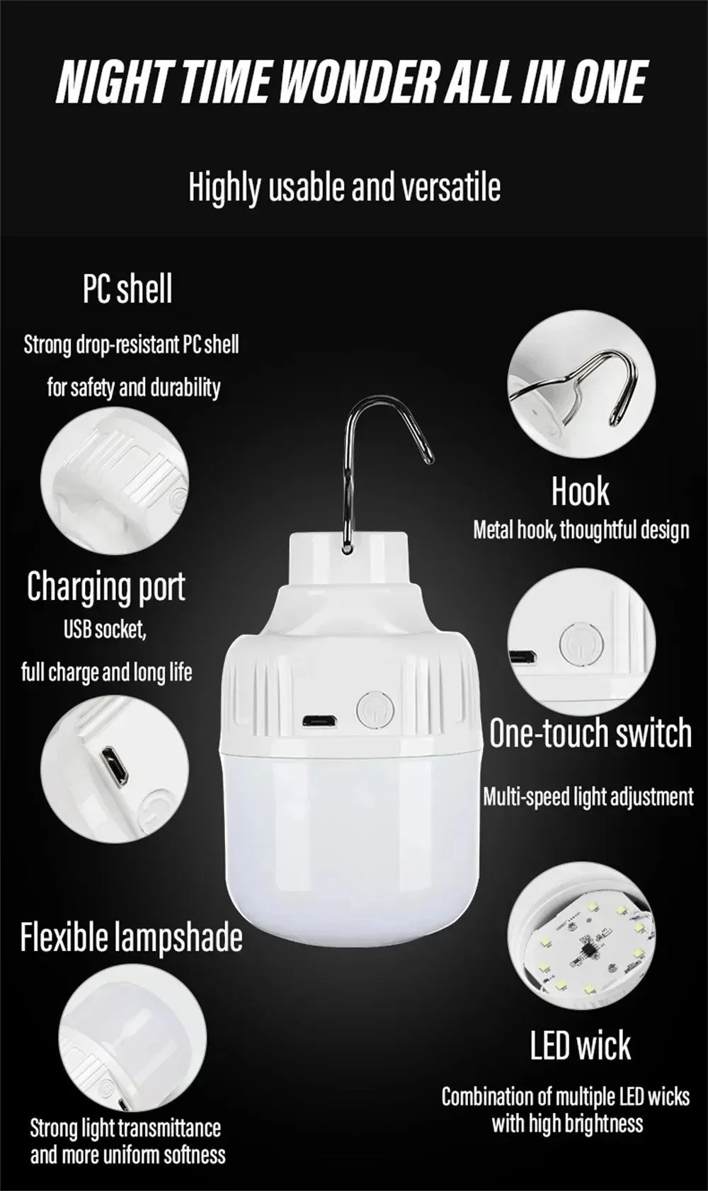1-10pcs Outdoor USB Rechargeable LED Lamp Bulbs High Brightness Emergency Light Hook Up Camping Portable Lantern Night Lights ﻿