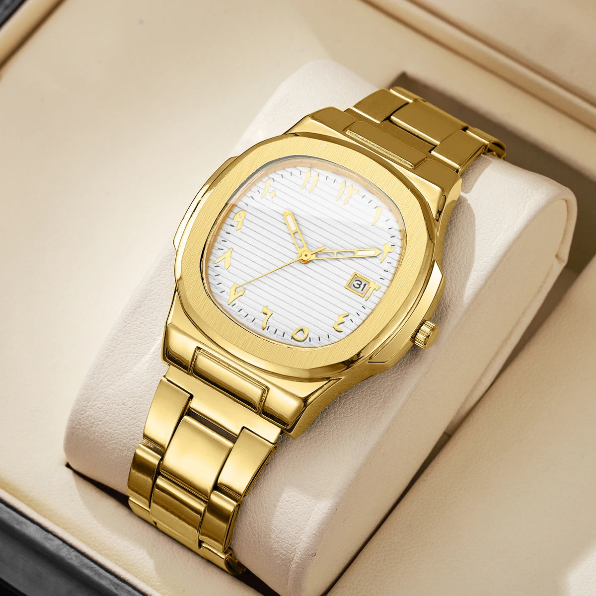 Montre de Luxe pour Homme, Cadran Carré Tendance, Bracelet en Acier Inoxydable, Mouvement à Quartz avec Calendrier (Sans Boîte)