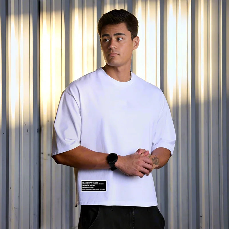 T-shirts de course pour hommes amples et oversize avec épaules tombantes en coton épais à manches courtes, vêtements de sport et de gym décontractés