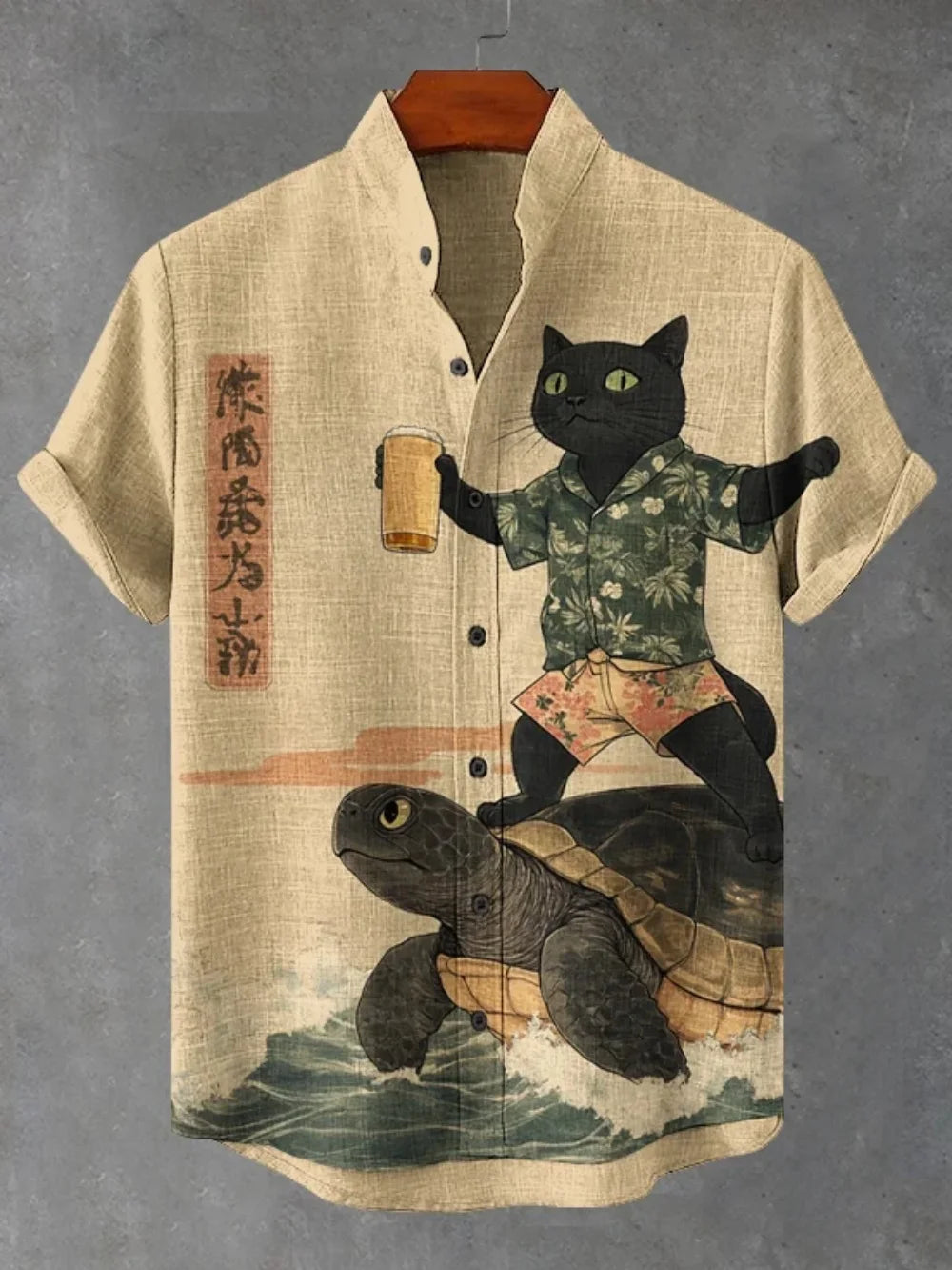 Chemise d'été à manches courtes pour homme, style streetwear, associée à un cardigan en lin imprimé en 3D, col montant tendance et haut respirant