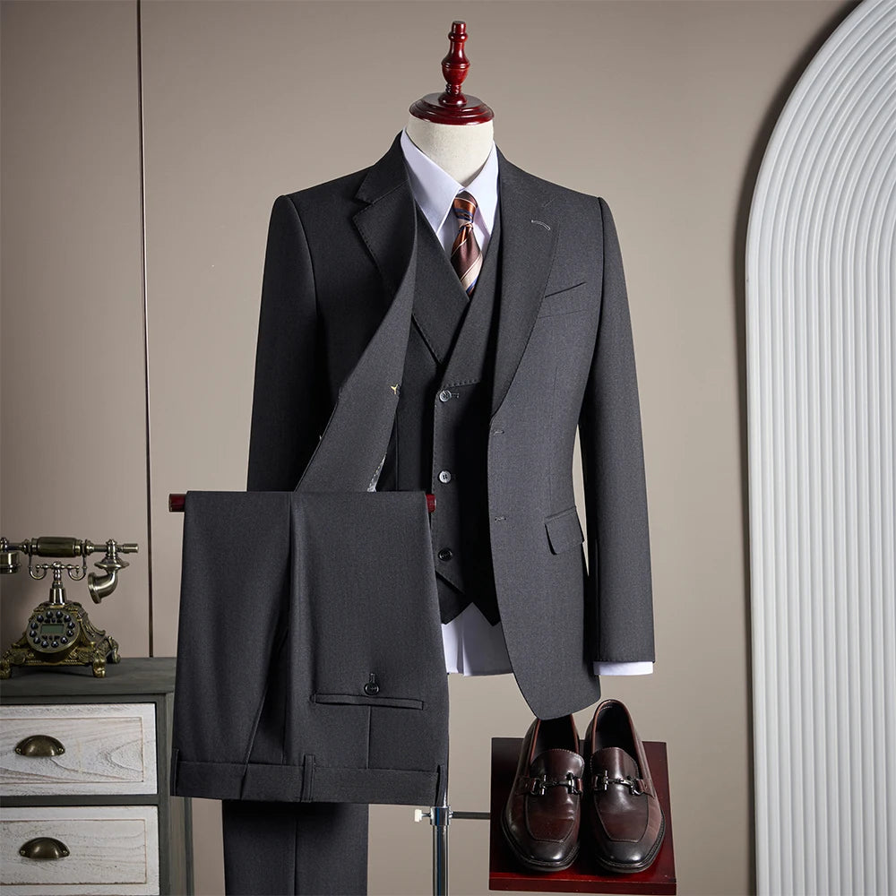 Ensemble de costume trois pièces en laine haut de gamme pour homme, élégant et décontracté, de couleur unie, idéal pour banquets et mariages.