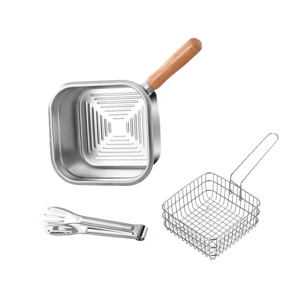 Edelstahlfritteuse für Pommes Frites und Hähnchenflügel, Induktion/Herd-kompatibler Topf, Haushalts-Kleinstölkanne mit Filtersieb