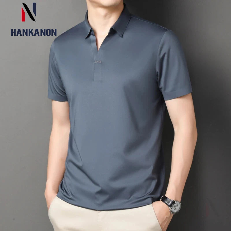 Polo 2024 de haute qualité, extensible et élastique, Chemise à manches courtes pour hommes, style décontracté, Col en V sans coutures, Polo pour hommes M-4XL