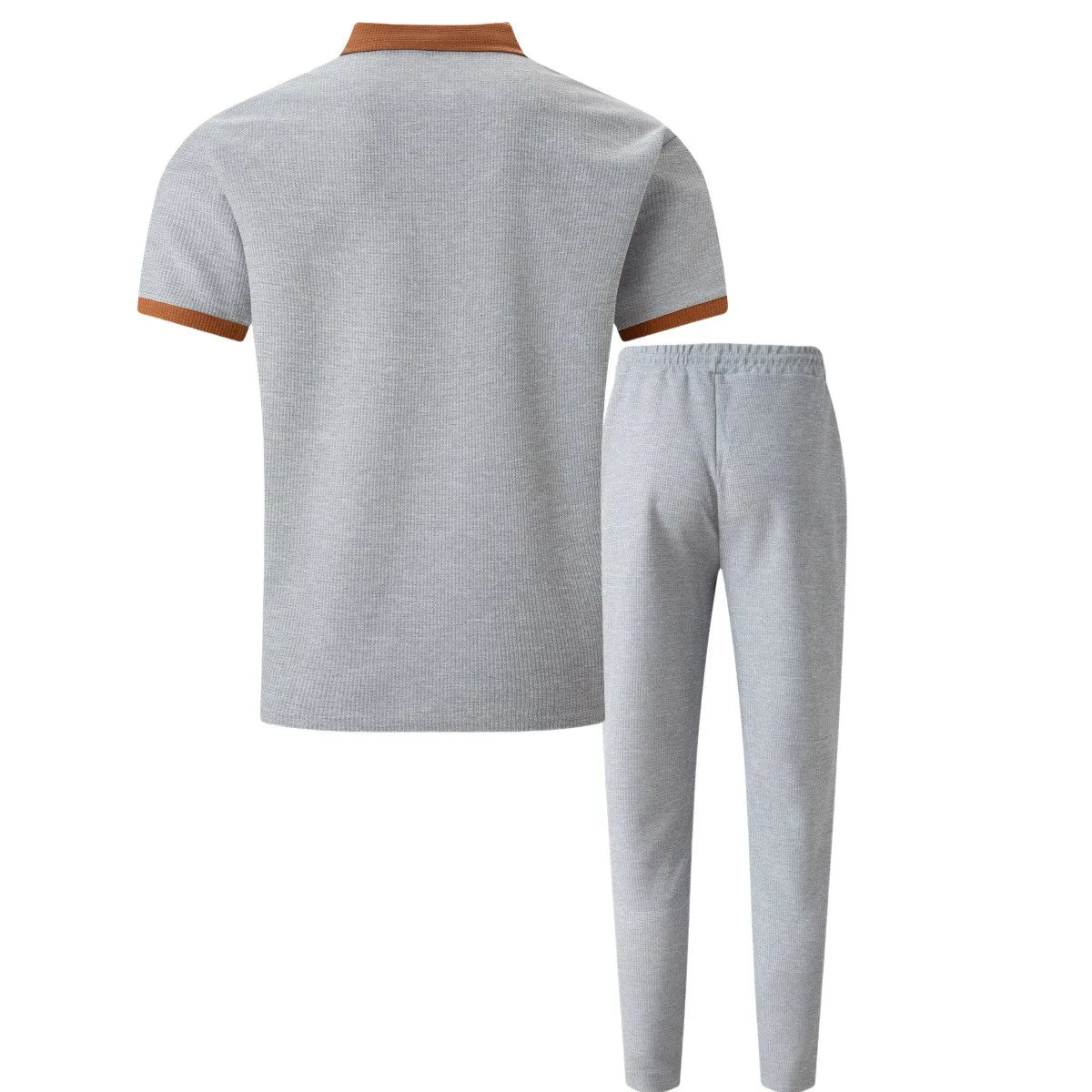 Ensemble deux pièces gaufré pour homme : polo contrasté avec poche poitrine et pantalon long à cordon de serrage, tenues décontractées pour la vie quotidienne.