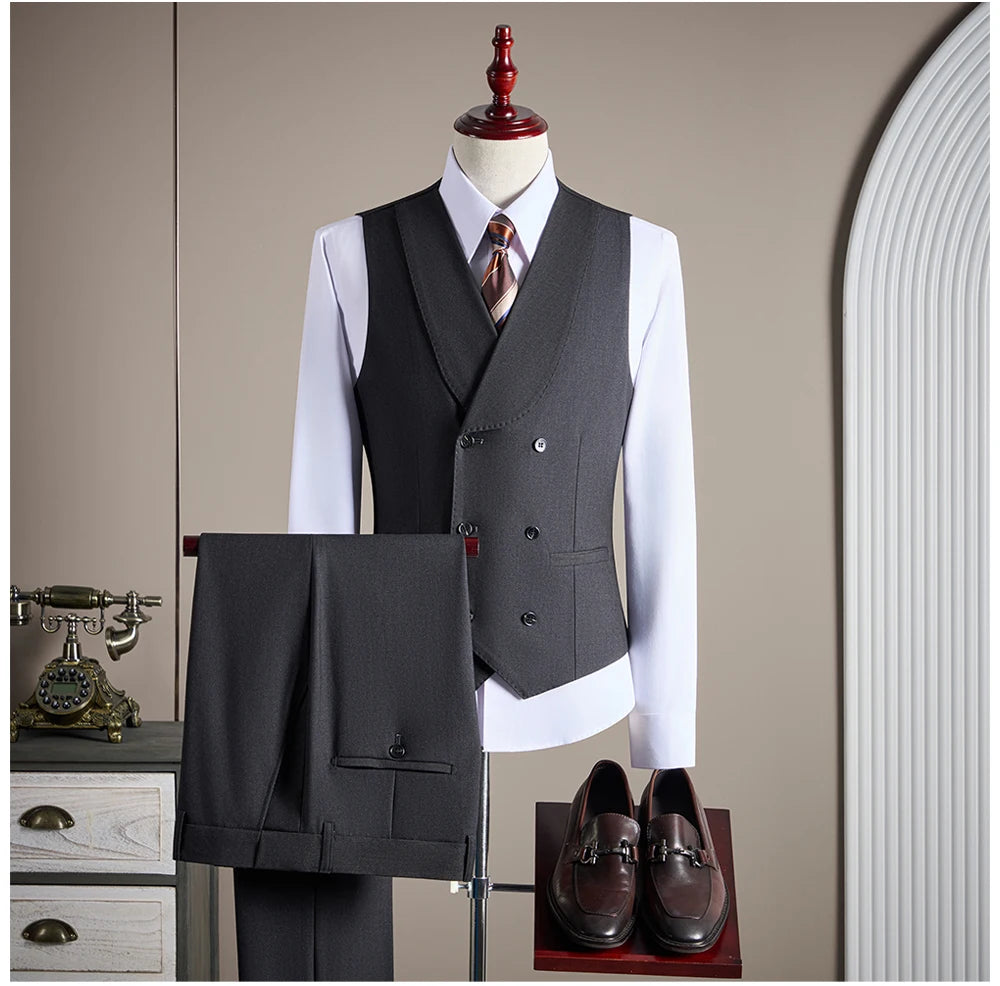 Ensemble de costume trois pièces en laine haut de gamme pour homme, élégant et décontracté, de couleur unie, idéal pour banquets et mariages.