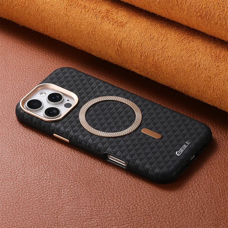 Luxury Leather Carbon Fiber Texture Phone Case For iPhone 13 14 15 16 17 Pro Max For Magsafe Wireless Charging Shockproof Cover