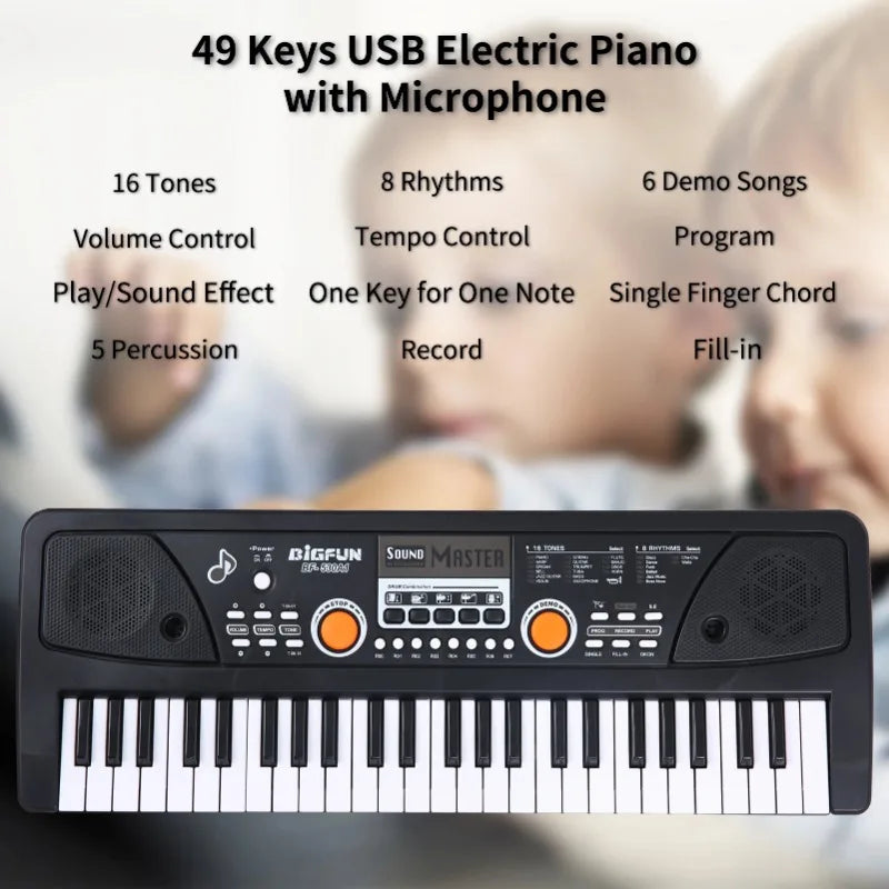49 Keys USB Electric Piano & Microphone Digital Music Electronic Keyboard 16 Tones 8 Rhythms 6 Demo Songs Music Gifts for Kids