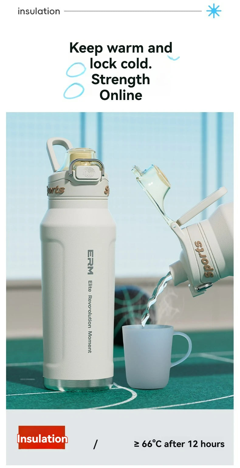 Bouteille d'eau isotherme chaude et froide en acier inoxydable, double paroi portable avec poignée, tasse de sport d'extérieur
