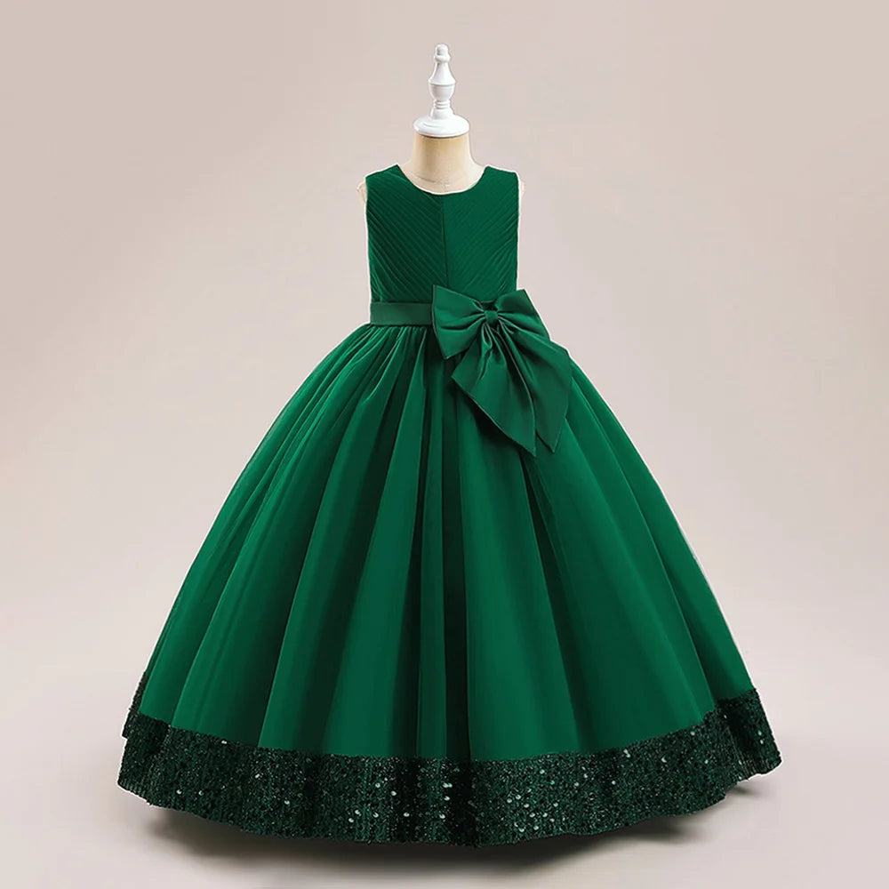 Fluffy Pailletten Brautjungfern Prinzessin Mädchenkleid Elegante Schleife Rosa Hochzeit Abschlussball Abend Kinder Partykleider für Mädchen Geburtstagskostüme
