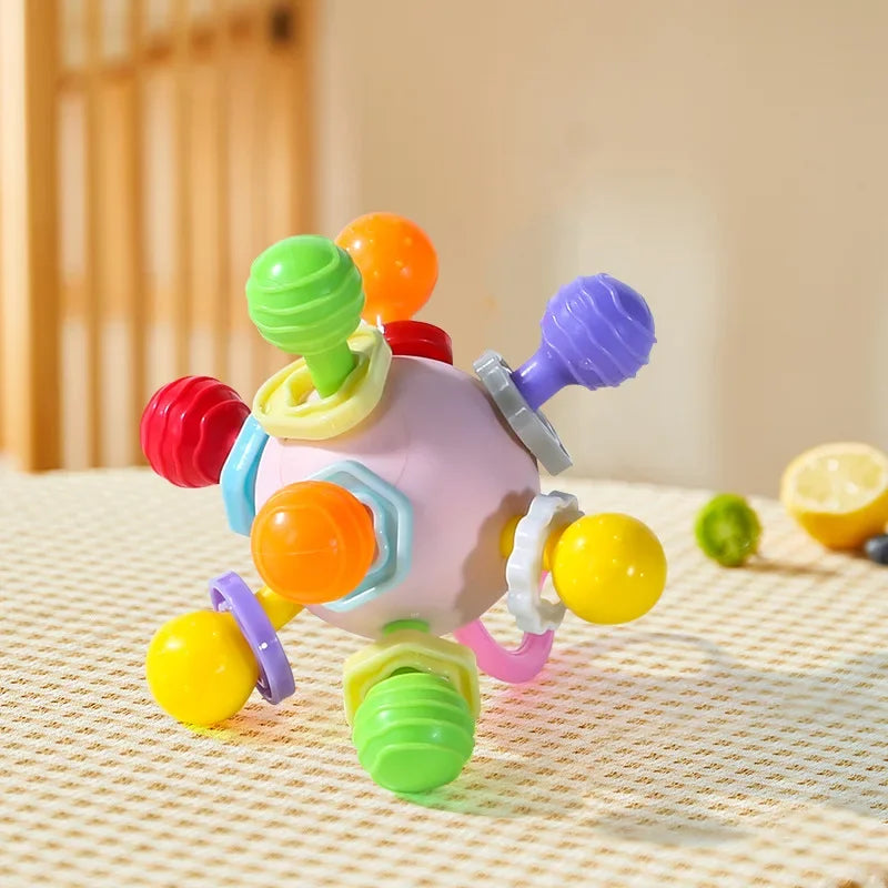 Jouets Bébé 0-12 Mois Hochet Balle Rotative Jouet d'Activité à Saisir Jouet de Développement Bébé Anneau de Dentition en Silicone Jouets Sensoriels Bébé pour Bébés