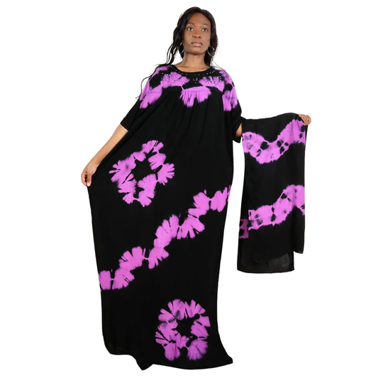 2025 Neuer Sommer Reiner Baumwoll Tie-Dye Langes Lockeres Muslimisches Kleid mit Schal Funkelnde Stickerei Atmungsaktive Bequeme Maxi Abaya