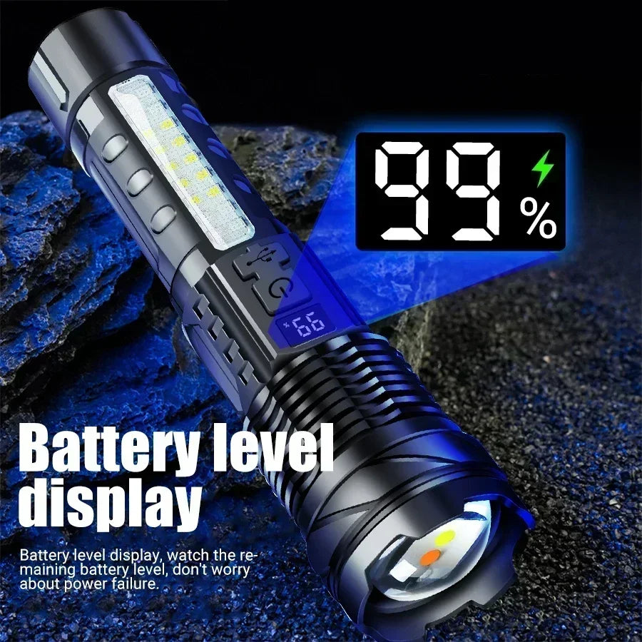 Super Big Flashlight USB Rechargeable Most Strong LED Flash Light Long Range Torch Zoom Outdoor With Digital Power Display