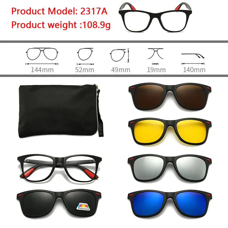 6 In 1 Polarized Sunglasses Men Women Magnetic Clip On Glasses TR90 Optical Prescription Eyeglass Frames Magnet Clips