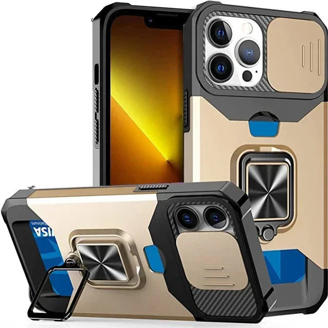Hülle für iPhone 17 16 15 14 13 12 Pro Max Plus 8 7 Plus Mini Robuster Schutz mit Schiebe-Kameraabdeckung und Kartenclip-Abdeckung