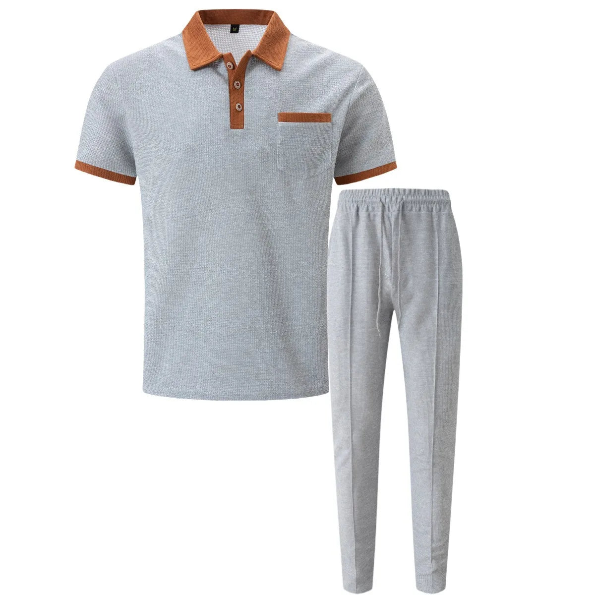 Ensemble deux pièces gaufré pour homme : polo contrasté avec poche poitrine et pantalon long à cordon de serrage, tenues décontractées pour la vie quotidienne.