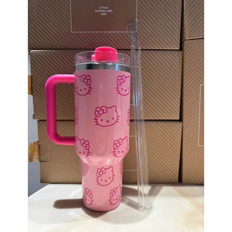 Kawaii Hello Kitty 40oz Edelstahl-Vakuumbecher Anime mit Griff Strohhalmbecher Kaffeetasse mit Verpackungskarton Schnelle Lieferung