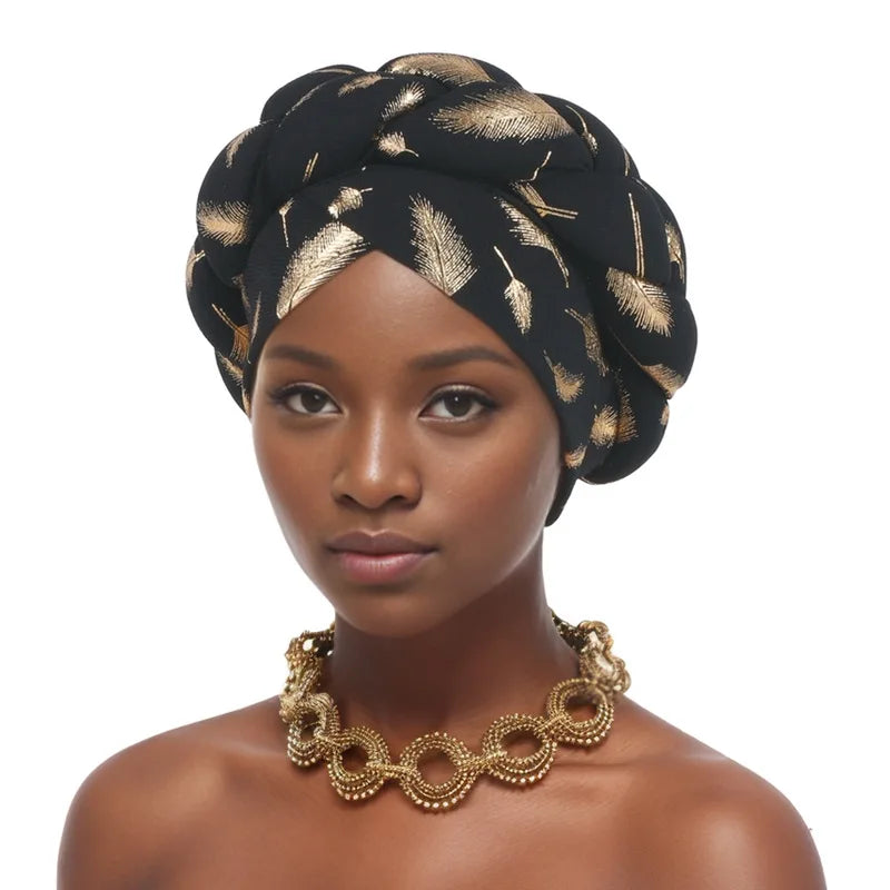 Afrikanische Bronzierung Kopfwickel Zopf Turban Kappen für Frauen Nigeria Hochzeit Geles Party Kopfbedeckung Haarteil Auto Gele Weibliche Kopfbedeckungen