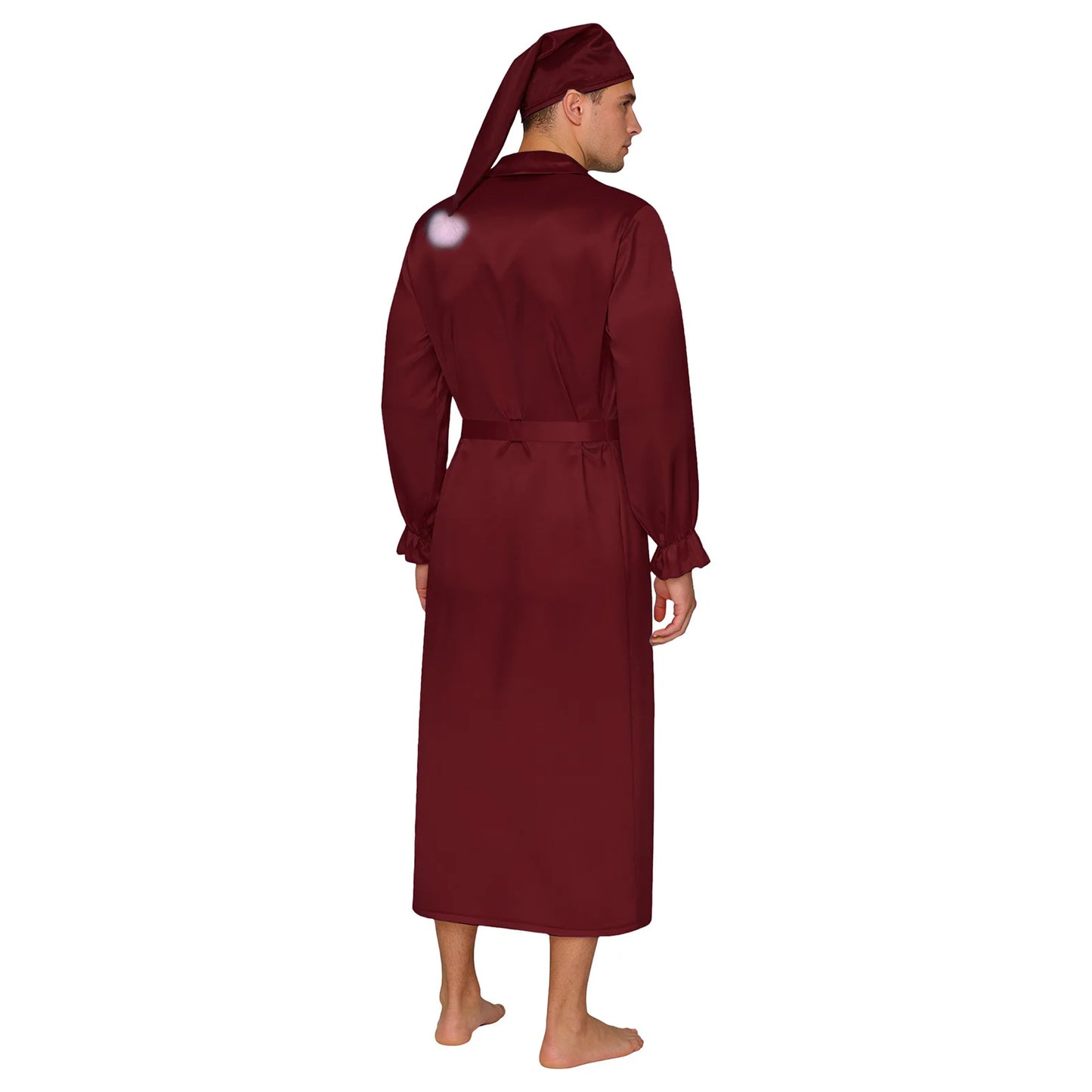 Herren Sissy Pyjama Satin-Nachtwäsche Nachthemd mit Schlafhaube Langarm Rüschenmanschetten Plissierter Brustumhang mit Gürtel Vintage