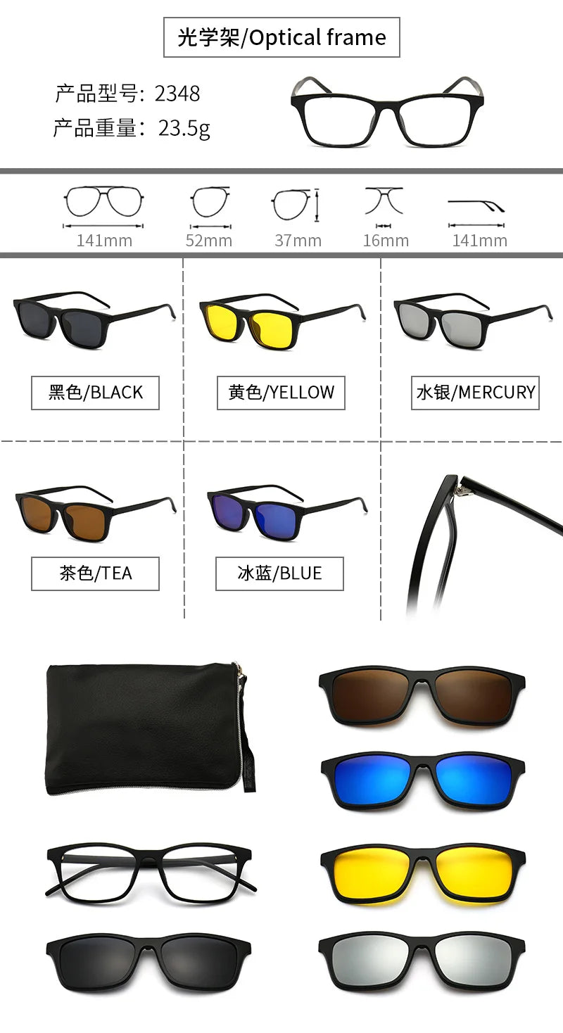 6 In 1 Polarized Sunglasses Men Women Magnetic Clip On Glasses TR90 Optical Prescription Eyeglass Frames Magnet Clips