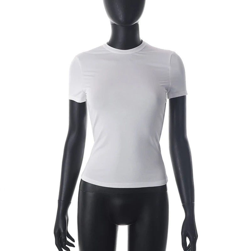 2025 Printemps Nouveau T-shirt à Manches Courtes Femme Uni Simple Décontracté Doux Polyvalent Chaud Basique Crop Tops Tees Mode d'Été