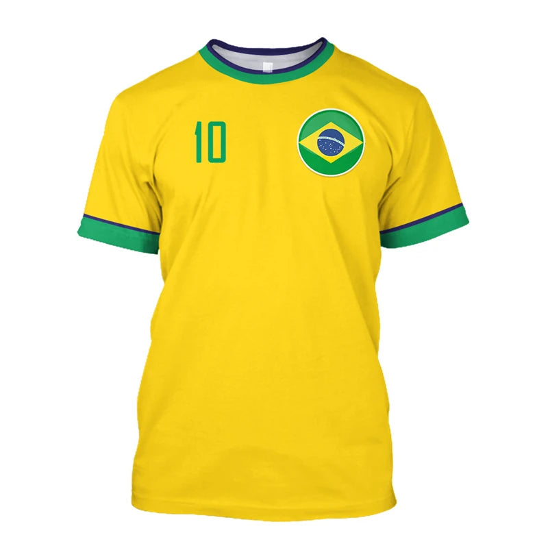 T-shirts de football Brésil Simples Mode d'été Manches courtes T-shirts imprimés drapeau brésilien 3D Hauts de sport décontractés Vêtements pour hommes