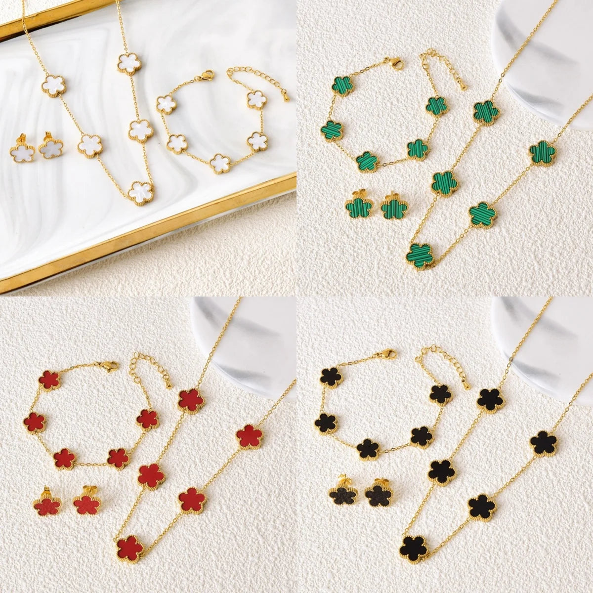 Heiße Schmuckverkäufe Edelstahl Fünfblumen-Halskette Armband Ohrringe Set Damenschmuck mit hohem Anspruch Kleeblatt Schmuck Party