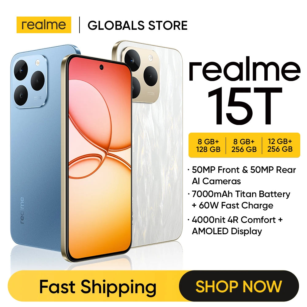 realme 15T 5G Smartphone NFC Dimensity 6400 Max Chipsatz Zwei 50MP Kameras 6.57" 120Hz AMOLED Display 7000mAh Akku 60W Ladung