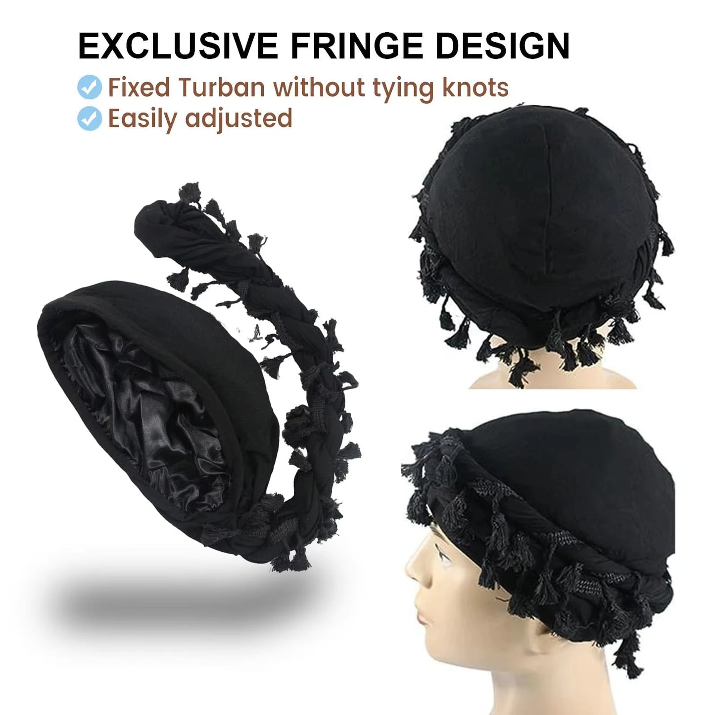 Foulards à enrouler style "Twist" (turban) Durag avec pompon pour hommes - Noir, gris - Foulard turban à nouer - Accessoire cheveux pour garçons, collection 2026