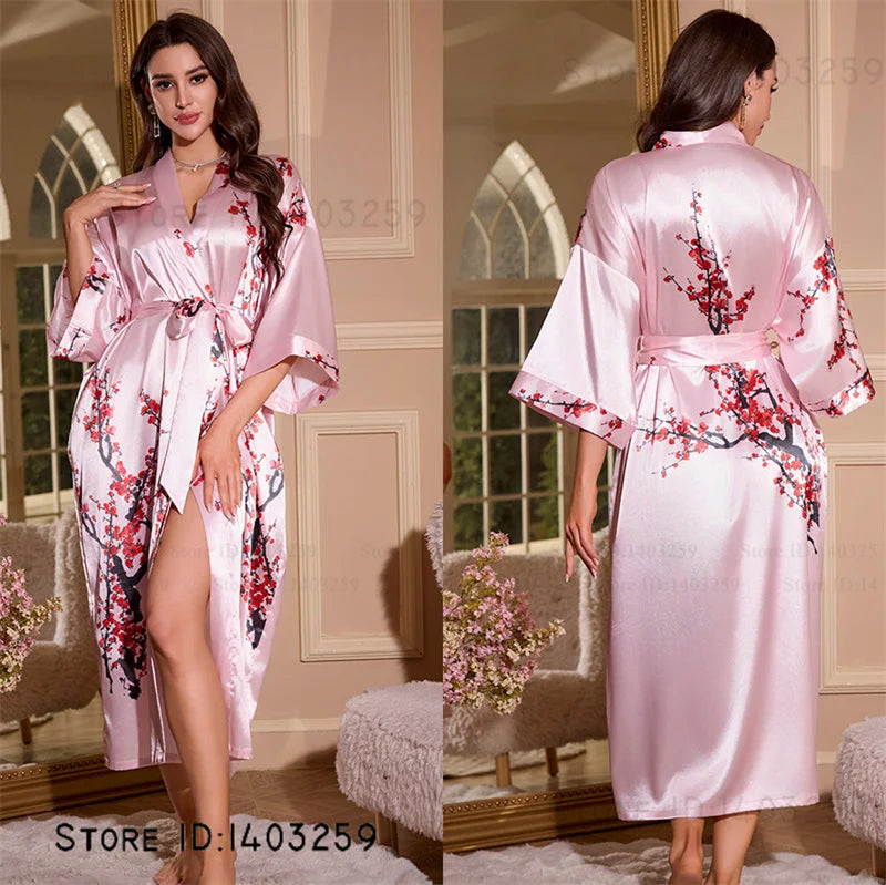 Großer Kimono Bademantel Blütenmuster Langer Morgenmantel Negligé Hauskleidung Frühling Sommer Neue Nachtwäsche Lose Pyjamas
