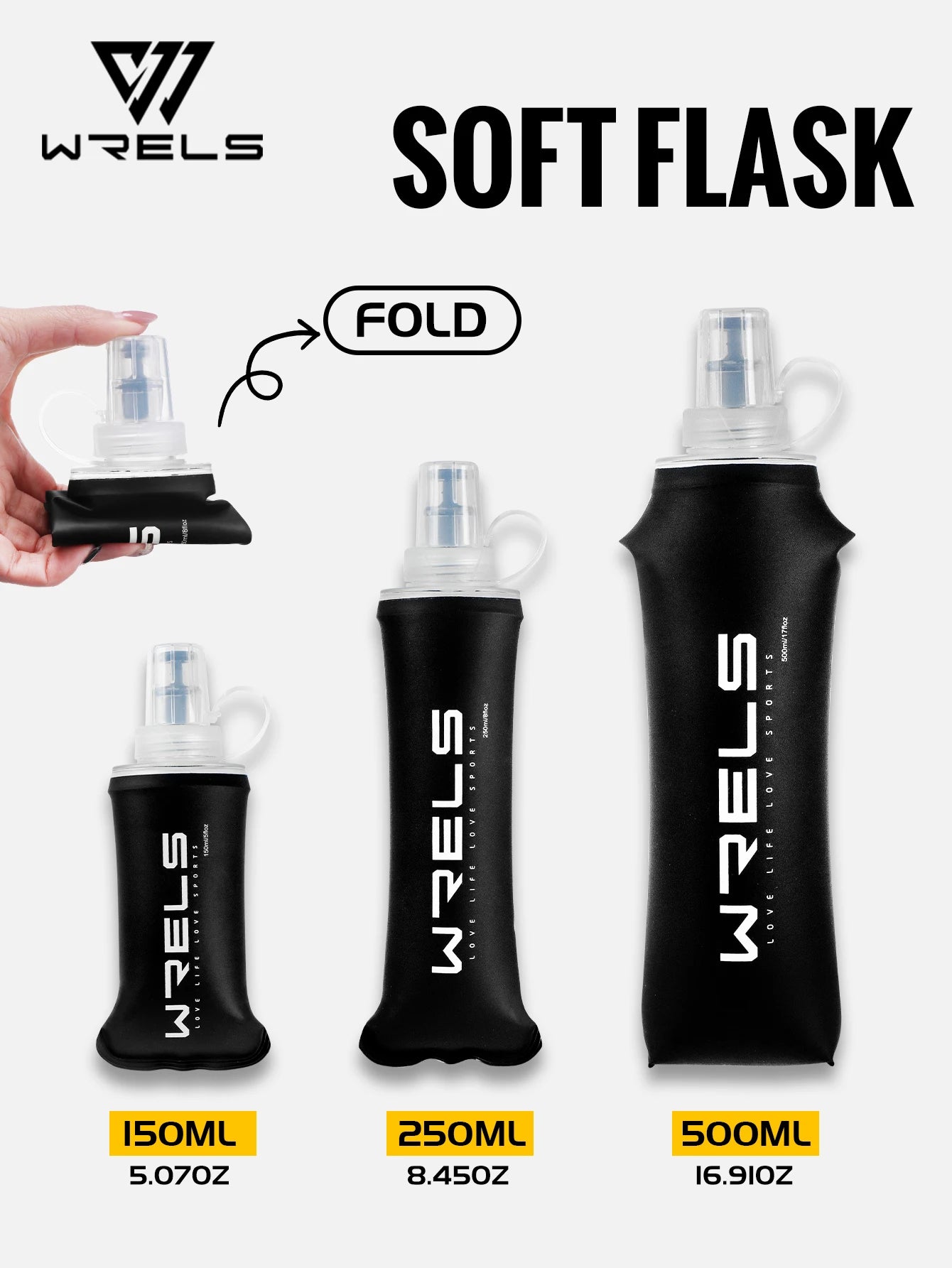WRELS Trinkflasche TPU Faltbare Soft Flask Outdoor Sport Wasserbeutel Faltbare Trinkflasche 500ml für Laufen Camping BPA-frei