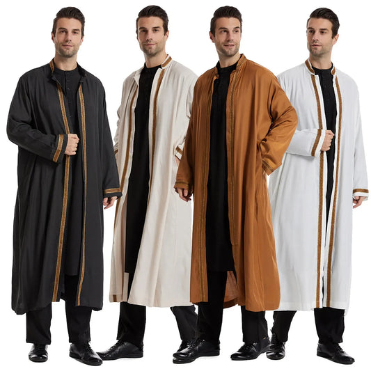 Herren offene Abaya Muslimisch Saudi Jubba Thobe Islamische Kleidung Ramadan Kimono Langarm Robe Kaftan Dubai Stehkragen Arabisches Kleid